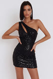 Vestido de cóctel corto bodycon de un solo hombro con lentejuelas negras y recorte