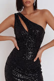 Vestido de cóctel corto bodycon de un solo hombro con lentejuelas negras y recorte