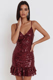 Vestido de cóctel corto con tirantes finos de lentejuelas burdeos bodycon tirantes finos