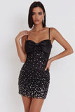 Vestido de cóctel corto corto de lazos cortos Black Bodycon tirantes finos y pedrería