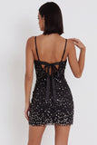 Vestido de cóctel corto corto de lazos cortos Black Bodycon tirantes finos y pedrería