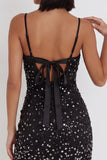 Vestido de cóctel corto corto de lazos cortos Black Bodycon tirantes finos y pedrería