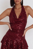Vestido de cóctel corto sin espalda con volantes burdeos burdeos con lentejuelas