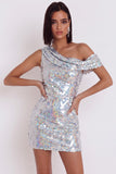 Vestido de cóctel Bodycon asimétrico de un solo hombro con lentejuelas plateadas brillantes