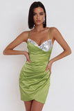 Vestido de cóctel corto sin tirantes y fruncido Bodycon Sage Polvoriento con lentejuelas