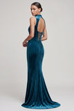 Corsé azul pavo real Sirena con cuello alto y vestido largo de terciopelo con pedrería