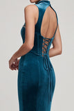 Corsé azul pavo real Sirena con cuello alto y vestido largo de terciopelo con pedrería