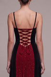 Vestido de terciopelo Maxi con tirantes finos en forma de funda rojo y negro con purpurina
