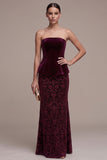 Vestido de terciopelo máxi Jacquard sin tirantes burdeos