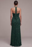 Vestido formal Maxi de funda verde oscuro, capestro con cuentas fruncidas, con abertura