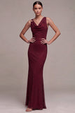 Vestido formal Maxi de cuello de sirena burdeos con cuello de cuentas