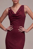 Vestido formal Maxi de cuello de sirena burdeos con cuello de cuentas