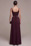 Corsé burdeos funda, vestido formal Maxi fruncido y cuello cuadrado con encaje
