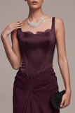 Corsé burdeos funda, vestido formal Maxi fruncido y cuello cuadrado con encaje
