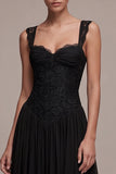 Vestido de Fiesta Largo Negro con Corsé, Escote Corazón, Corte en A y Encaje