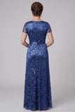Vestido de labejuelas de satén azul real con escote en V y escote en V bordado largo y arrugado de madre de la novia