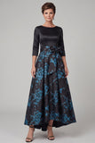 Vestido de madre de la novia con escote en línea A y mangas largas estampado en 3/4 de forma de marihua negra con lazo