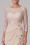 Vestido de madre de la novia de camisa de camisa de vaina champán de cuello redondo 3/4 de encaje