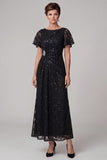 Vestido de madre de la novia midi con cuello bateau en línea A y lentejuelas arrugadas