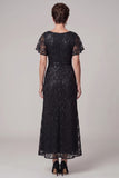 Vestido de madre de la novia midi con cuello bateau en línea A y lentejuelas arrugadas