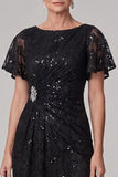 Vestido de madre de la novia midi con cuello bateau en línea A y lentejuelas arrugadas