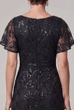 Vestido de madre de la novia midi con cuello bateau en línea A y lentejuelas arrugadas