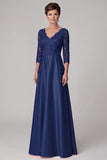 Vestido largo de Madre de la novia azul marino, línea en A, escote en V de 3/4 mangas de satén y encaje