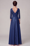 Vestido largo de Madre de la novia azul marino, línea en A, escote en V de 3/4 mangas de satén y encaje
