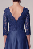 Vestido largo de Madre de la novia azul marino, línea en A, escote en V de 3/4 mangas de satén y encaje