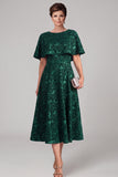 Vestido de madre de la novia midi verde oscuro con escote redondo y cuello redondo