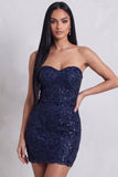 Vestido corto de cóctel de Corpins Bodycon Bordado Floral Sin tirantes Azul Marino