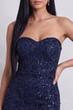 Vestido corto de cóctel de Corpins Bodycon Bordado Floral Sin tirantes Azul Marino