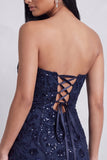 Vestido corto de cóctel de Corpins Bodycon Bordado Floral Sin tirantes Azul Marino
