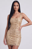 Vestido corto de cóctel de lentejuelas de cuello cuadrado Golden Bodycon