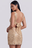 Vestido corto de cóctel de lentejuelas de cuello cuadrado Golden Bodycon