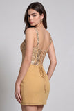 Corsé Dorado Bodycon Chiffon Vestido Corcho Corto Fruncido con Lentejuelas