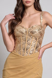 Corsé Dorado Bodycon Chiffon Vestido Corcho Corto Fruncido con Lentejuelas