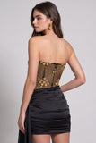 Corsé dorado negro, vestido corto con cordones runcados y tirantes