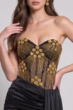 Corsé dorado negro, vestido corto con cordones runcados y tirantes