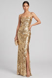 Vestido de noche Maxi Maxi de lentejuelas doradas con pañuelos dorados brillantes y abertura lateral