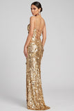 Vestido de noche Maxi Maxi de lentejuelas doradas con pañuelos dorados brillantes y abertura lateral