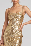 Vestido de noche Maxi Maxi de lentejuelas doradas con pañuelos dorados brillantes y abertura lateral
