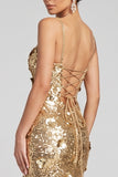 Vestido de noche Maxi Maxi de lentejuelas doradas con pañuelos dorados brillantes y abertura lateral