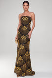 Vestido de noche Maxi de lentejuelas sin tirantes negro dorado con brillante y abalorios
