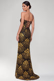 Vestido de noche Maxi de lentejuelas sin tirantes negro dorado con brillante y abalorios