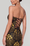 Vestido de noche Maxi de lentejuelas sin tirantes negro dorado con brillante y abalorios