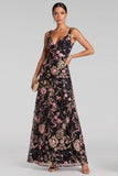 Vestido de noche largo floral en línea en V rosa negro con lentejuelas