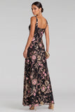 Vestido de noche largo floral en línea en V rosa negro con lentejuelas