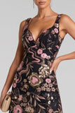 Vestido de noche largo floral en línea en V rosa negro con lentejuelas