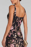 Vestido de noche largo floral en línea en V rosa negro con lentejuelas